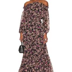 ROBE MAXI DOS-NU AVEC SMOCKS À LA TAILLE Woodblock Floral