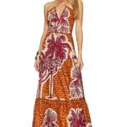 JOHANNA ORTIZ ROBE MAXI RITOS DE DUELO Toile Mustard Orange, Ecru, & Wine