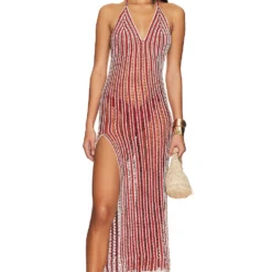 ROBE MAXI V-NECK HAND CROCHET Gold Flame