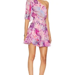 MINI-ROBE UNE ÉPAULE DÉNUDÉE ZAZU Pink & Purple Tropical -Ravis Mode Soldes Boutique ROCS WD245 V2